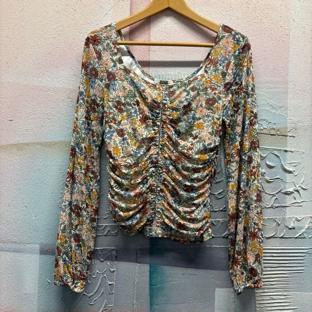 Gimmick L Floral Mesh Long Sleeve Square Neck Blouse Boho Cottagecore Artsy Chic